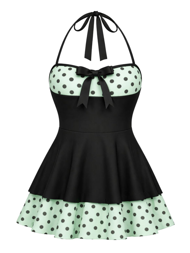 Blue Polka Dots Patchwork Halter Swimdress, vintage dress, retro fashion - perfect for women who love vintage and retro fashion