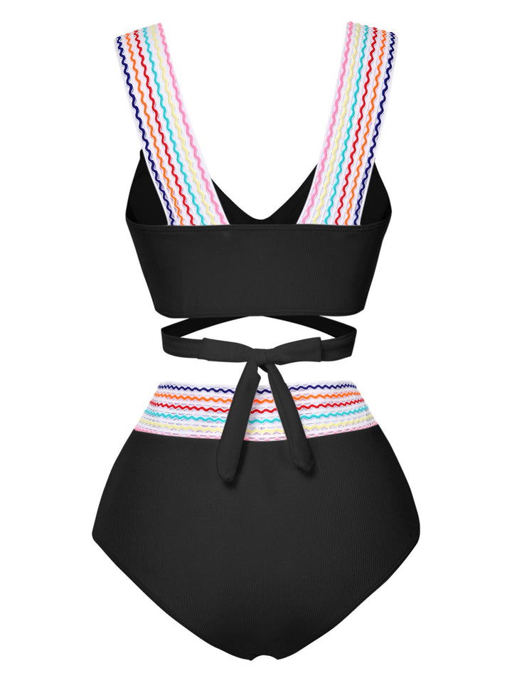 1940s Rainbow Lace-Up Patchwork Strap Bikini Set - vintage fashion, retro style