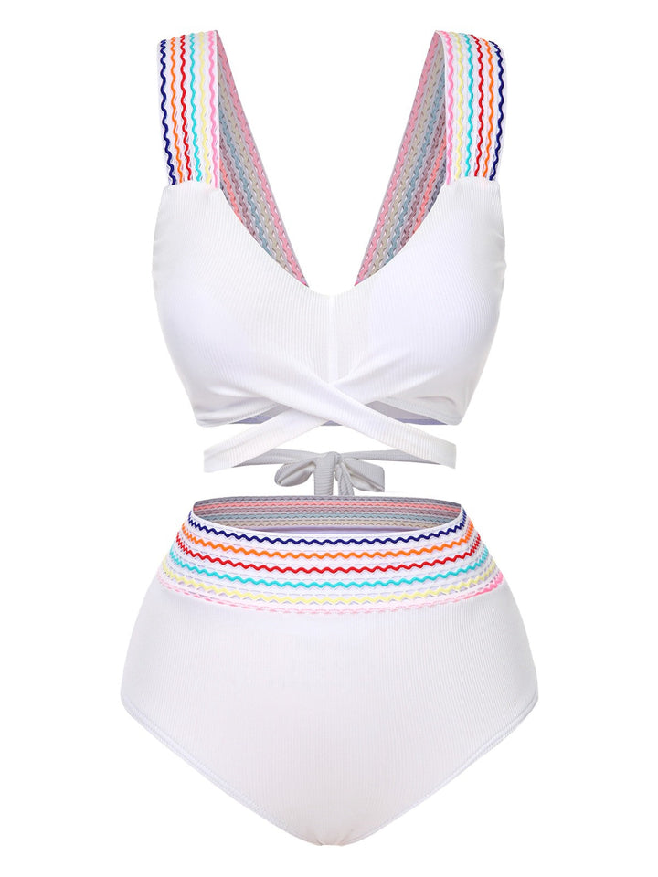 1940s Rainbow Lace-Up Patchwork Strap Bikini Set - vintage fashion, retro style