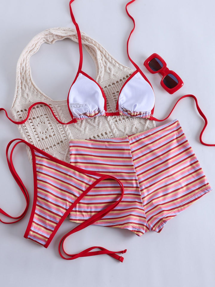 Red 1940s Striped Halter Ribbed Triangle Bikini Set - vintage fashion, retro style, elegant red