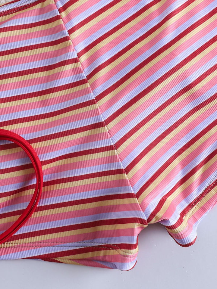 Red 1940s Striped Halter Ribbed Triangle Bikini Set - vintage fashion, retro style, elegant red