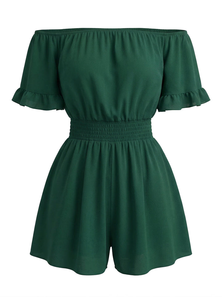 1940s Solid Off Shoulder Ruffle Sleeve Smocked Waist Romper - vintage jumpsuit, retro fashion