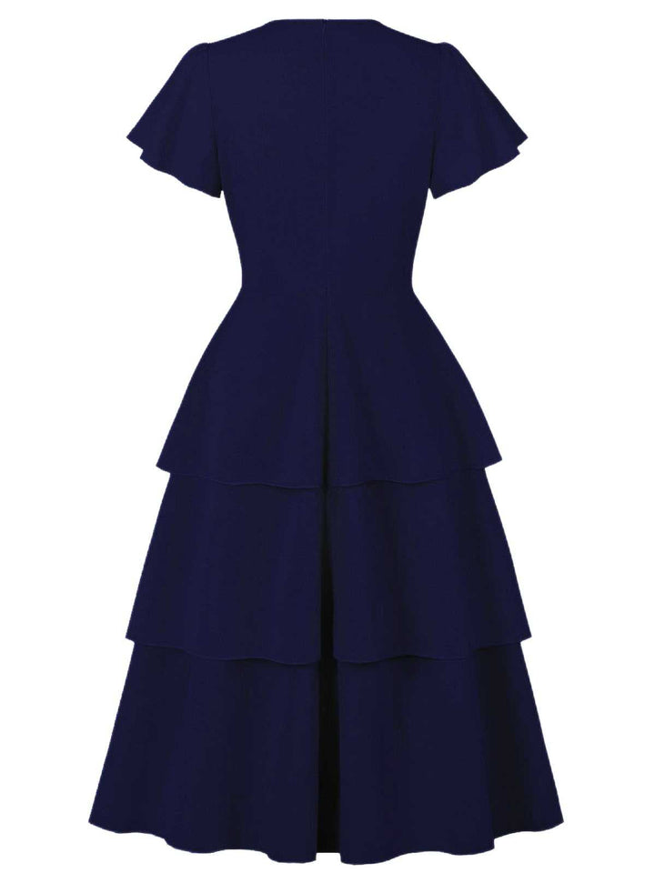 1940s Round Neck Bow Solid Tiered Dress - vintage dress, retro fashion, elegant red