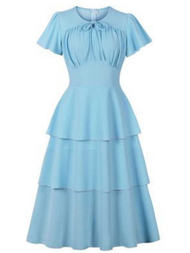 1940s Round Neck Bow Solid Tiered Dress - vintage dress, retro fashion, elegant red