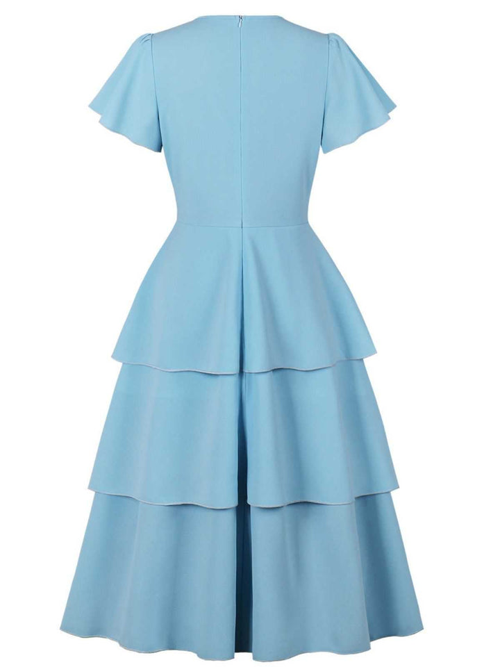 1940s Round Neck Bow Solid Tiered Dress - vintage dress, retro fashion, elegant red