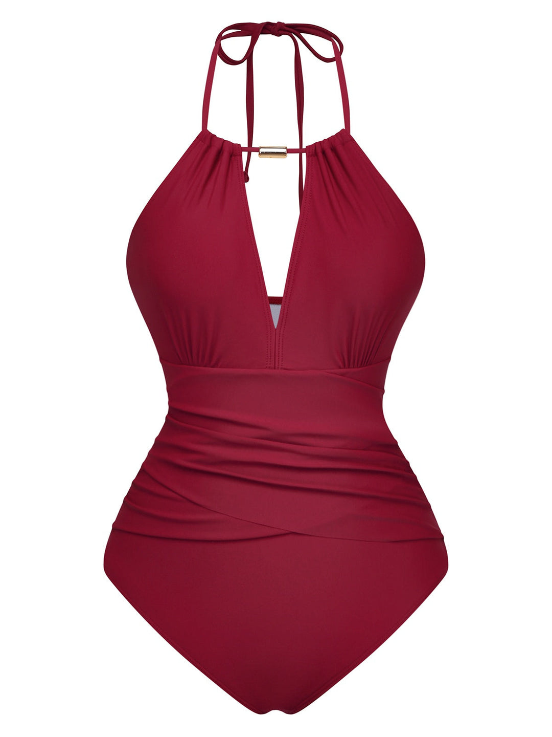 1940s Ruched Deep-V Halter One-Piece Swimsuit - vintage swimsuit, pin-up style