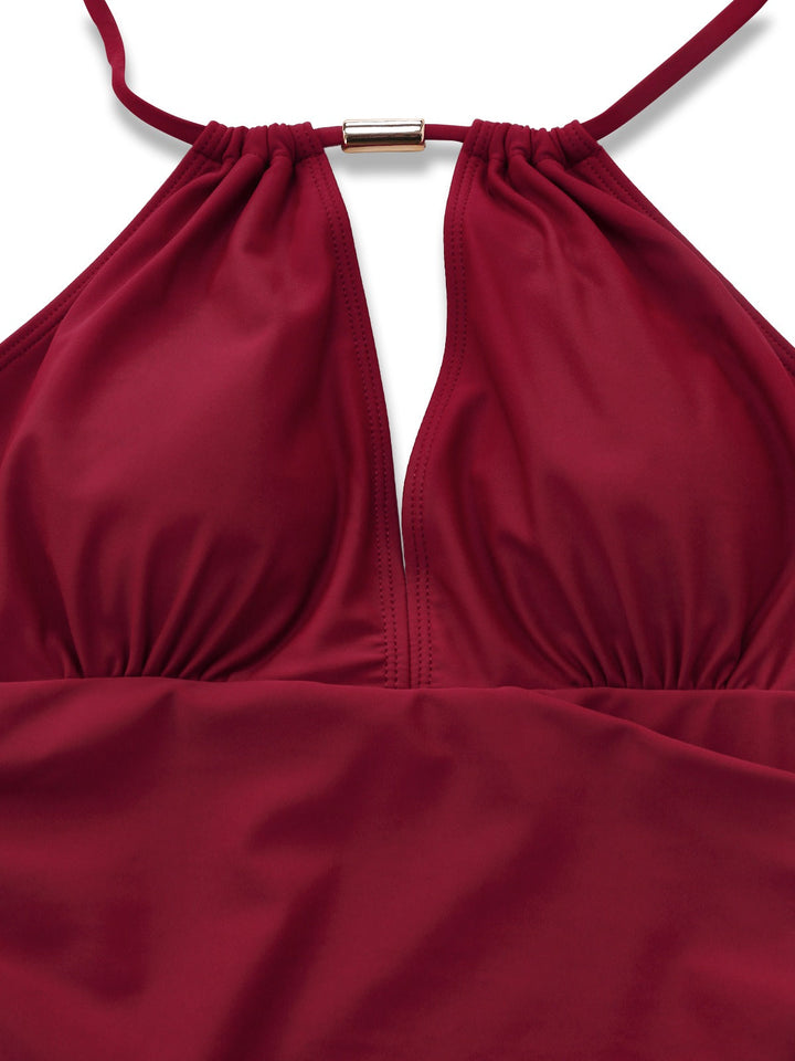 1940s Ruched Deep-V Halter One-Piece Swimsuit - vintage swimsuit, pin-up style