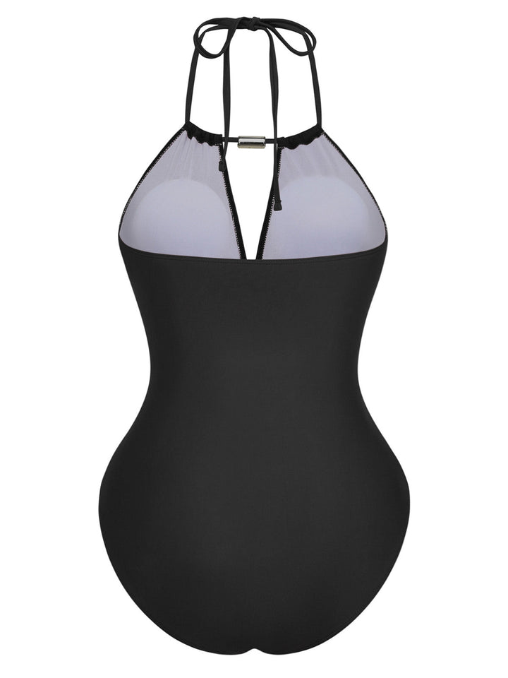 1940s Ruched Deep-V Halter One-Piece Swimsuit - vintage swimsuit, pin-up style