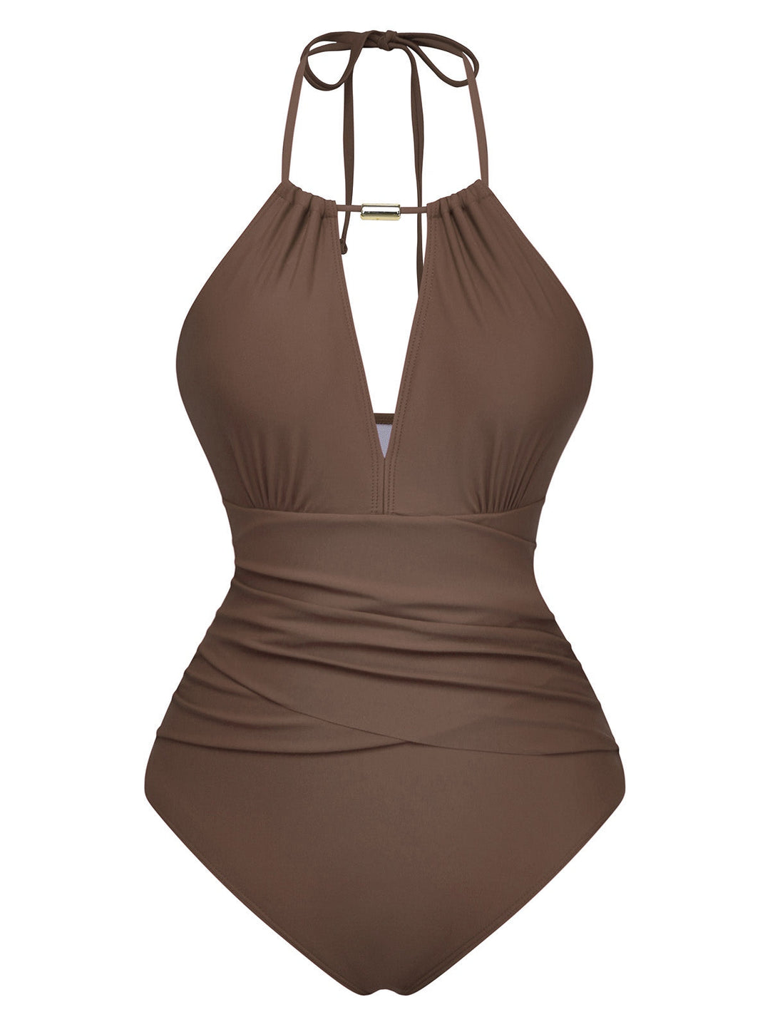 1940s Ruched Deep-V Halter One-Piece Swimsuit - vintage swimsuit, pin-up style