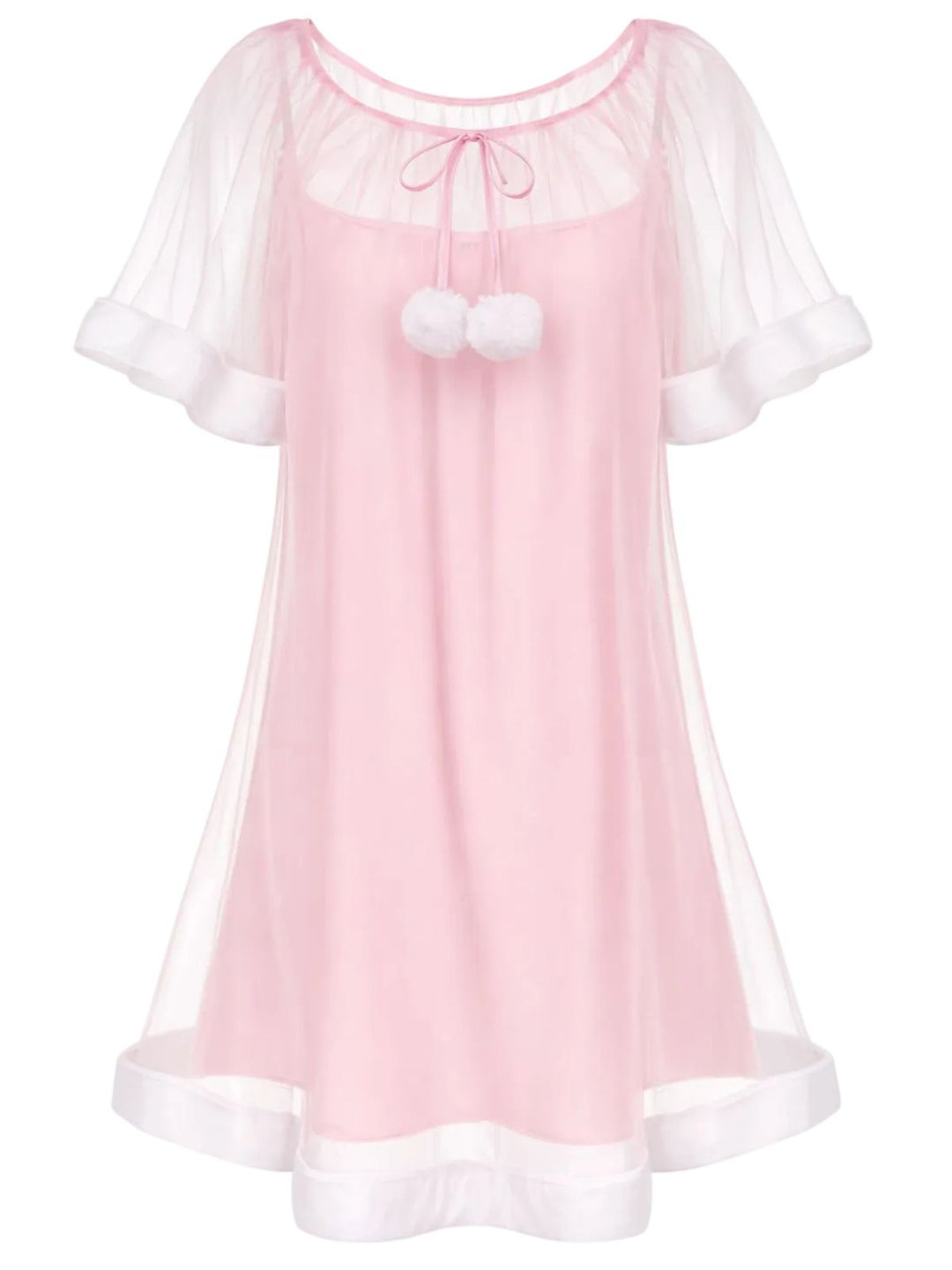 Ruffle Sleeve Plush Trim Tulle Nightgown - vintage nightgown, retro sleepwear