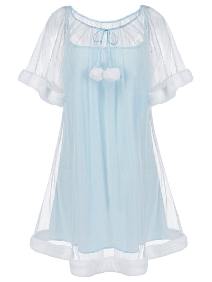 1940s Ruffle Sleeve Plush Trim Tulle Nightgown | vintage lingerie, nightgown, elegant sleepwear - perfect for fashion enthusiasts