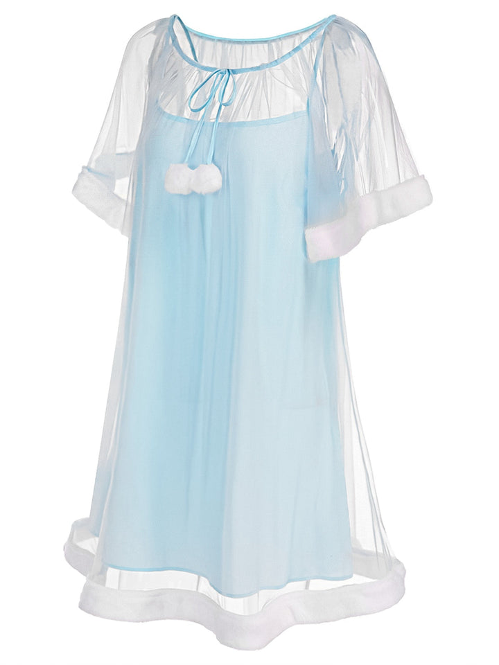 1940s Ruffle Sleeve Plush Trim Tulle Nightgown - vintage lingerie, nightgown, elegant sleepwear for vintage lovers