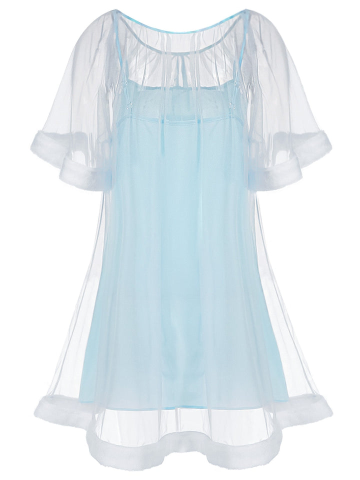 1940s Ruffle Sleeve Plush Trim Tulle Nightgown: beautiful vintage lingerie, nightgown, elegant sleepwear with timeless appeal