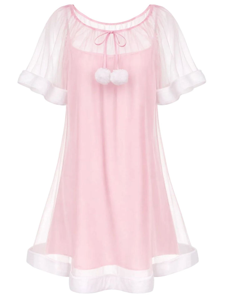Ruffle Sleeve Plush Trim Tulle Nightgown - vintage nightgown, retro sleepwear
