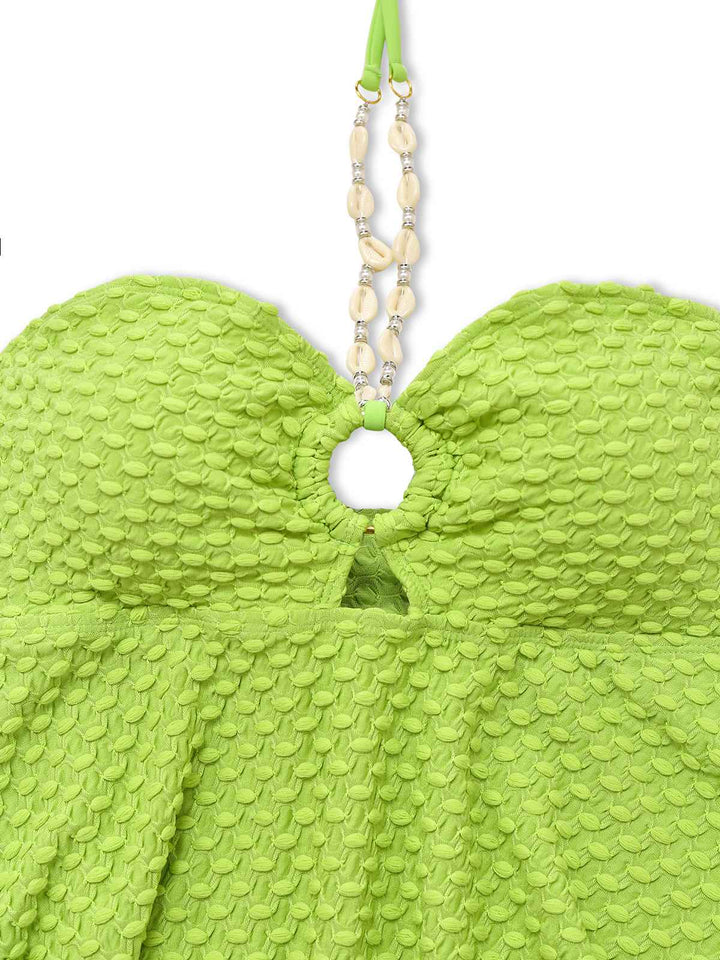 This 1940s Seashell Chain Lace-Up Halter Swimsuit carries 1940s vacation dreams in every stitch