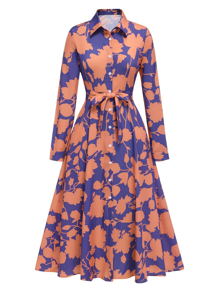 She slips into this 1940s Shirt Neck Floral Belted Dress and suddenly it&