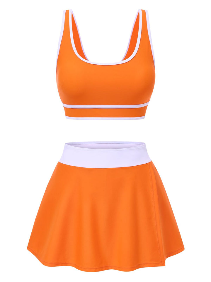 2PCS 1940s Square Neck Side Slit Colorblock Skirt Swimsuit - vintage skirt, retro style