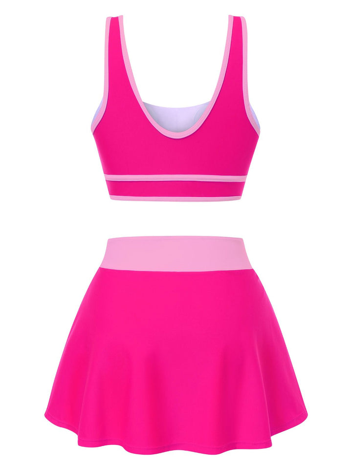 2PCS 1940s Square Neck Side Slit Colorblock Skirt Swimsuit - vintage skirt, retro style