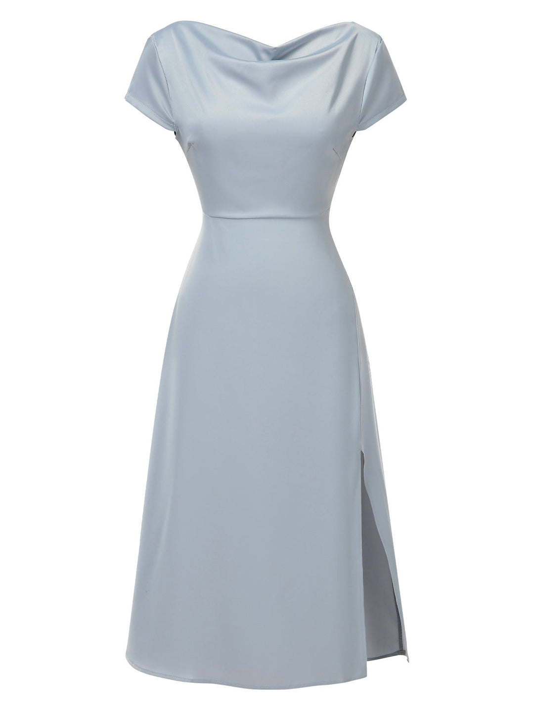 She slips into this 1940s Solid Cowl Neck Satin Back Cutout Dress and suddenly it&