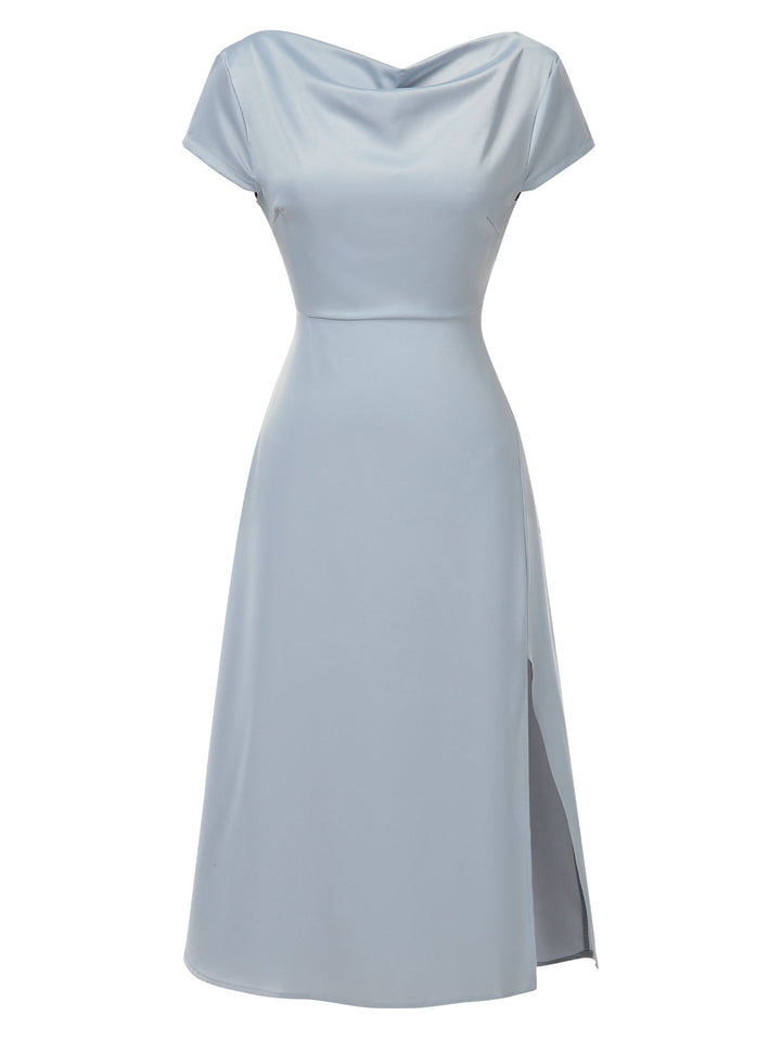 She slips into this 1940s Solid Cowl Neck Satin Back Cutout Dress and suddenly it&
