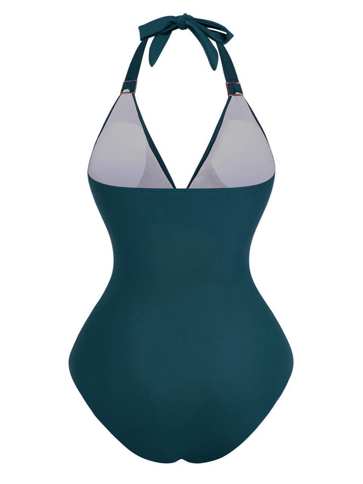 1940s Solid Deep V Halter Ruched One-Piece Swimsuit - vintage swimsuit, pin-up style