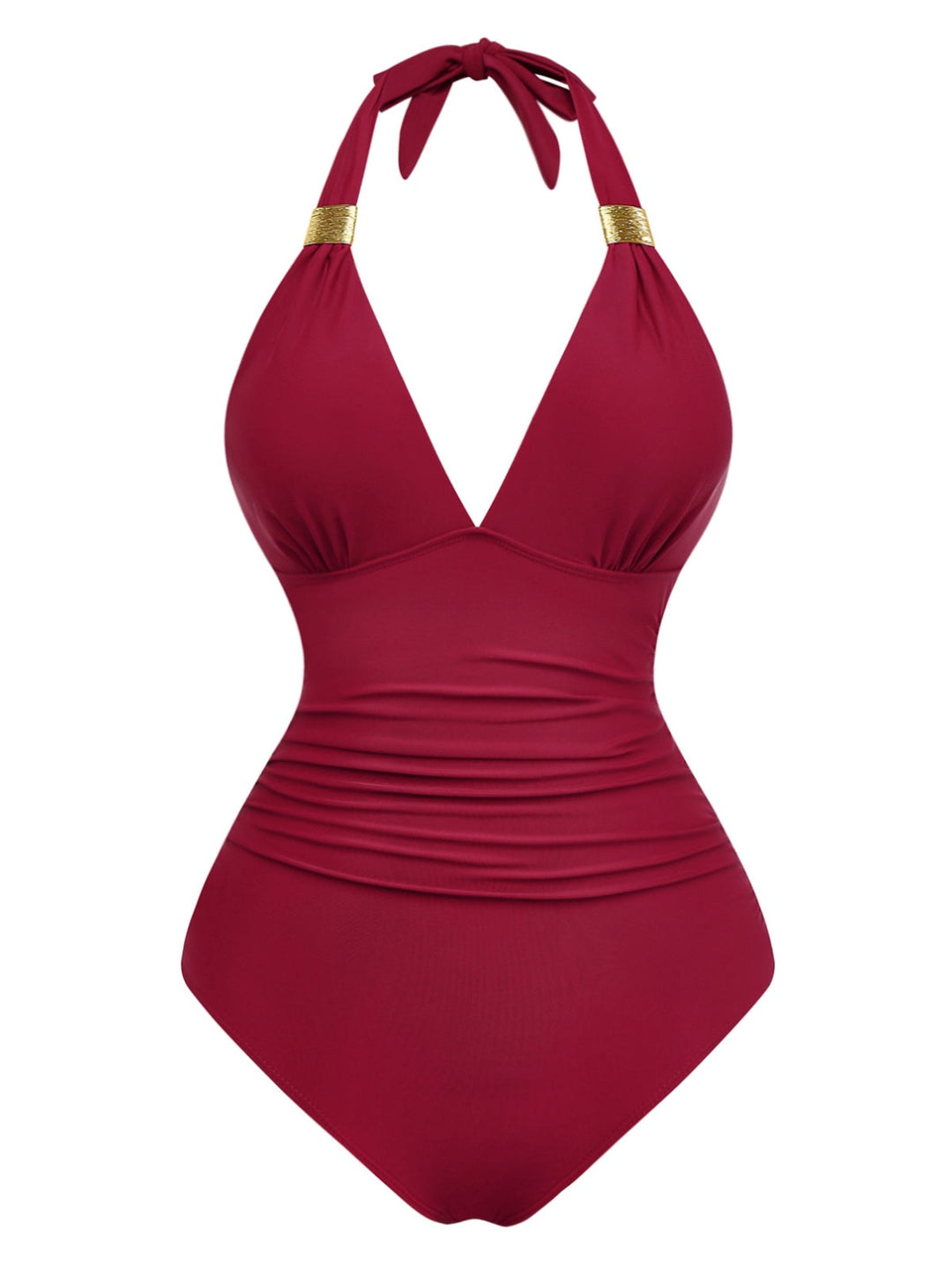 1940s Solid Deep V Halter Ruched One-Piece Swimsuit - vintage swimsuit, pin-up style