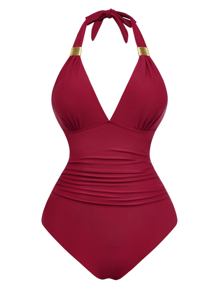 1940s Solid Deep V Halter Ruched One-Piece Swimsuit - vintage swimsuit, pin-up style