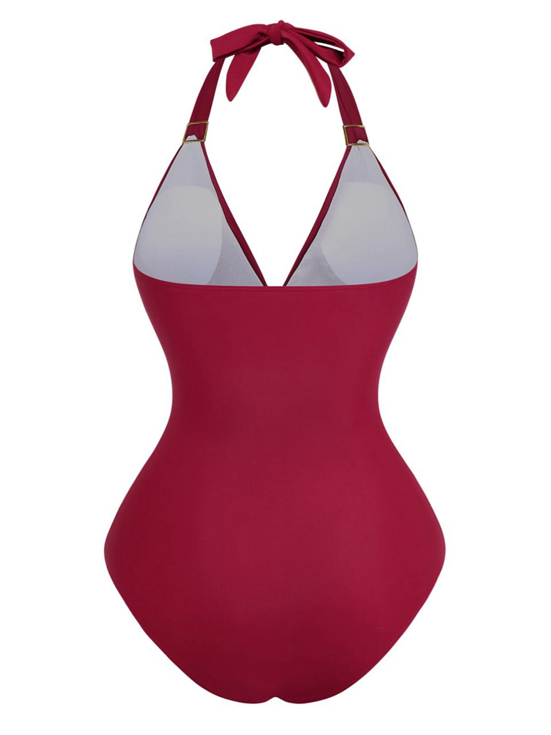 1940s Solid Deep V Halter Ruched One-Piece Swimsuit - vintage swimsuit, pin-up style