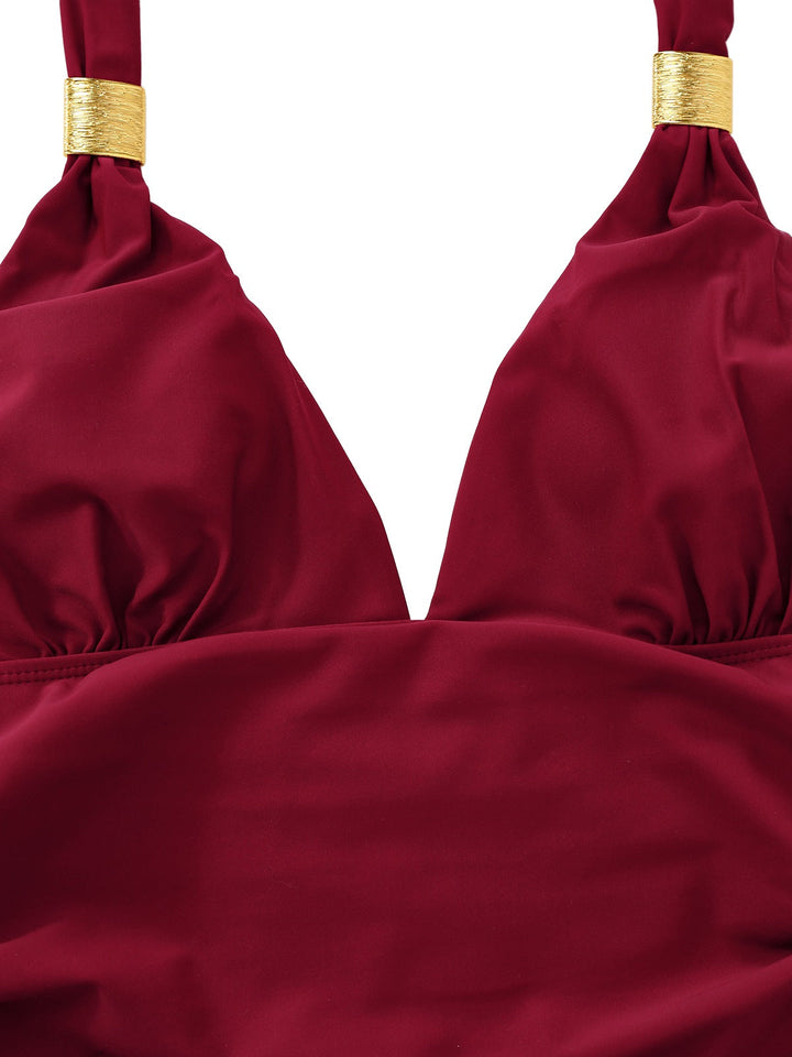 1940s Solid Deep V Halter Ruched One-Piece Swimsuit - vintage swimsuit, pin-up style