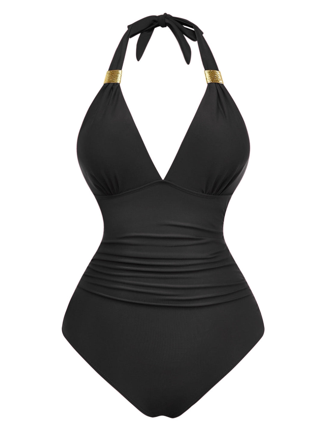 1940s Solid Deep V Halter Ruched One-Piece Swimsuit - vintage swimsuit, pin-up style