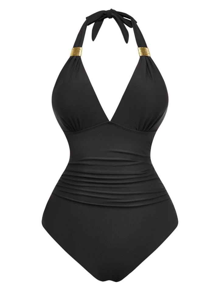 1940s Solid Deep V Halter Ruched One-Piece Swimsuit - vintage swimsuit, pin-up style