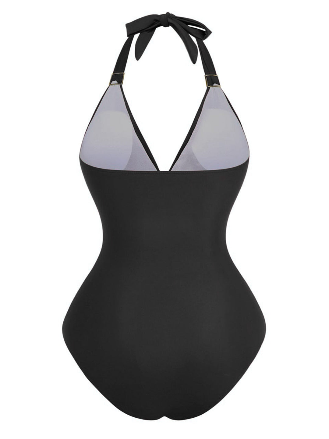 1940s Solid Deep V Halter Ruched One-Piece Swimsuit - vintage swimsuit, pin-up style