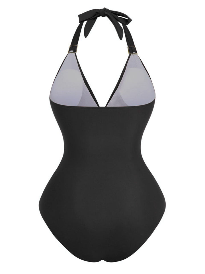1940s Solid Deep V Halter Ruched One-Piece Swimsuit - vintage swimsuit, pin-up style