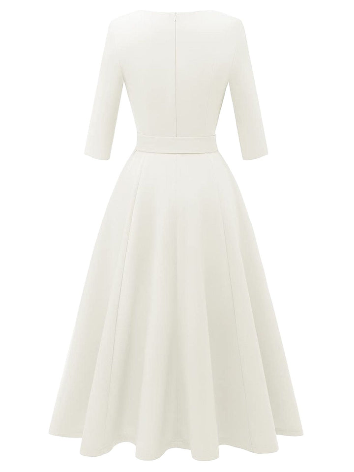 1940s Solid Fit Bow 3/4 Sleeves Swing Dress - vintage dress, retro fashion, rockabilly