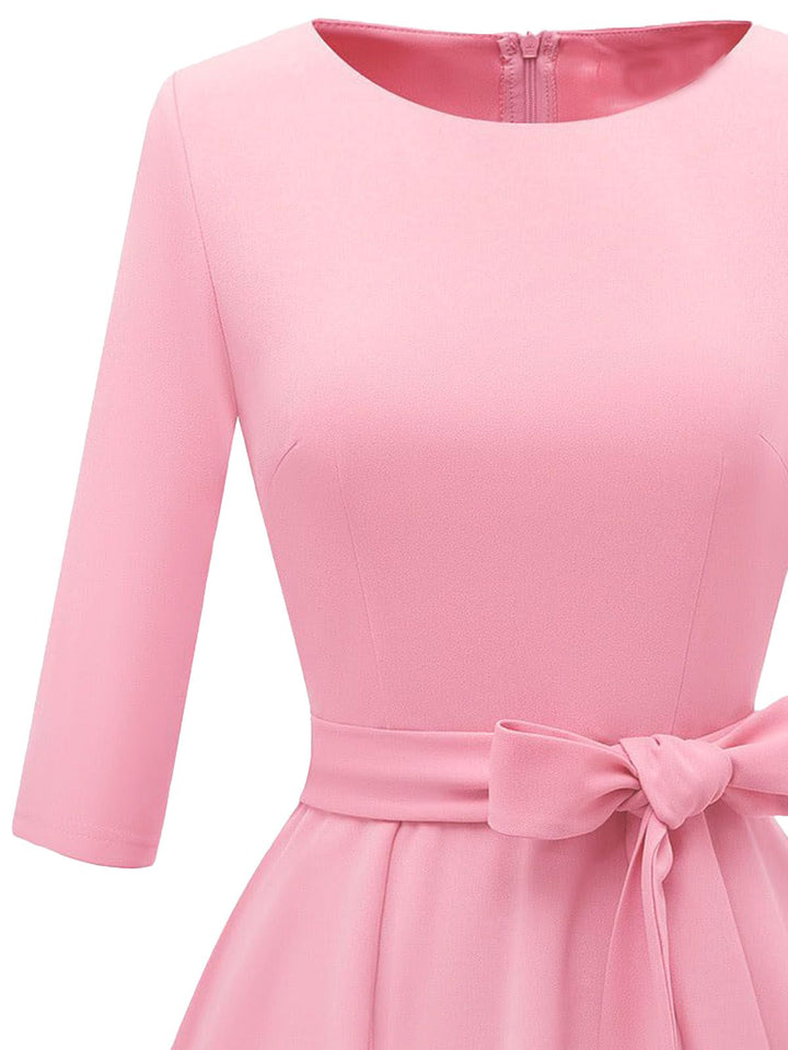 1940s Solid Fit Bow 3/4 Sleeves Swing Dress - vintage dress, retro fashion, rockabilly