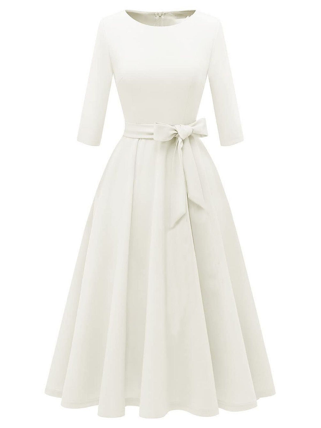 1940s Solid Fit Bow 3/4 Sleeves Swing Dress - vintage dress, retro fashion, rockabilly