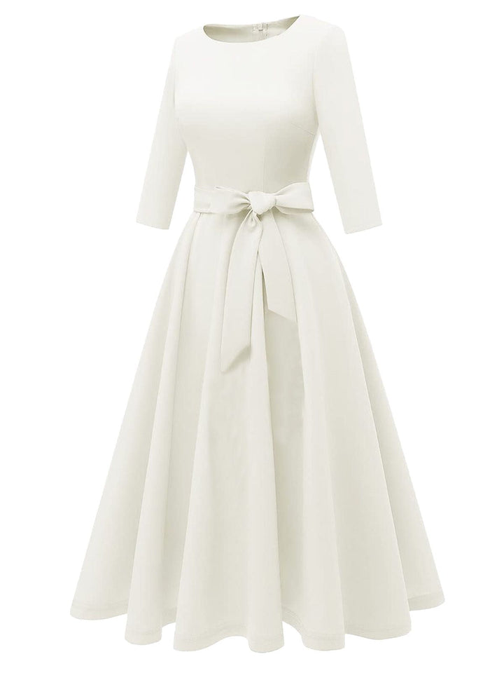 1940s Solid Fit Bow 3/4 Sleeves Swing Dress - vintage dress, retro fashion, rockabilly