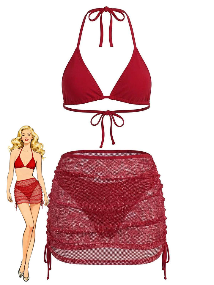 1940s Solid Halter Bikini Set &amp; Crochet Cover-Up - vintage swimwear, retro swimsuit, pin-up style for vintage lovers