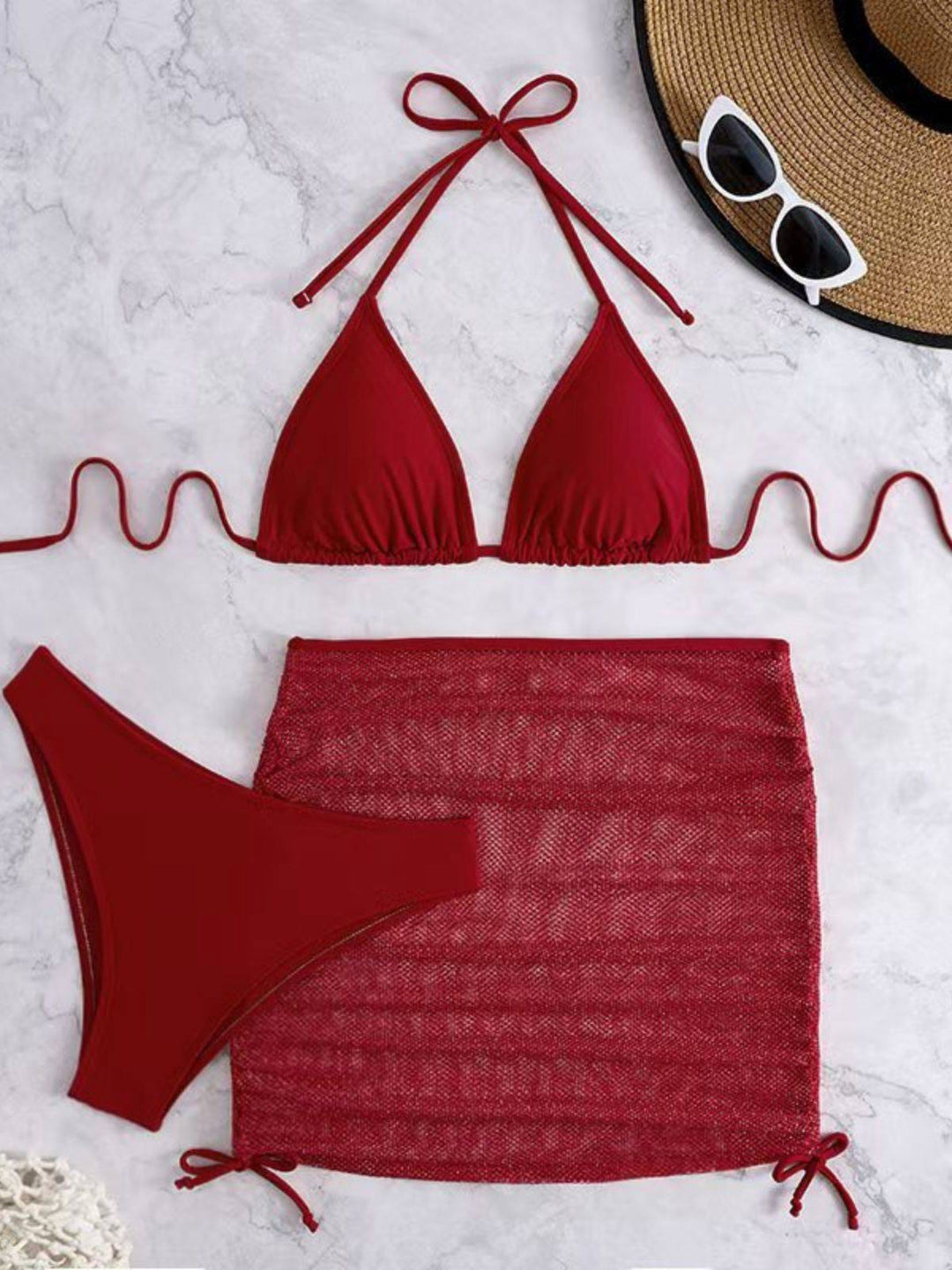 1940s Solid Halter Bikini Set &amp; Crochet Cover-Up | vintage swimwear, retro swimsuit, pin-up style - perfect for retro fashion enthusiasts