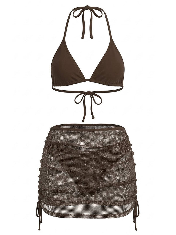 1940s Solid Halter Bikini Set &amp; Crochet Cover-Up: beautiful vintage swimwear, retro swimsuit, pin-up style with timeless appeal
