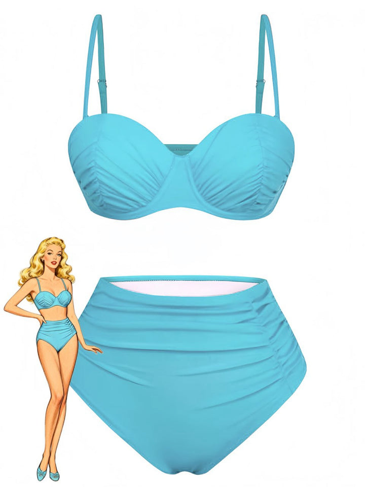 1940s Solid High-Waisted Ruched Bikini Set - vintage fashion, retro style