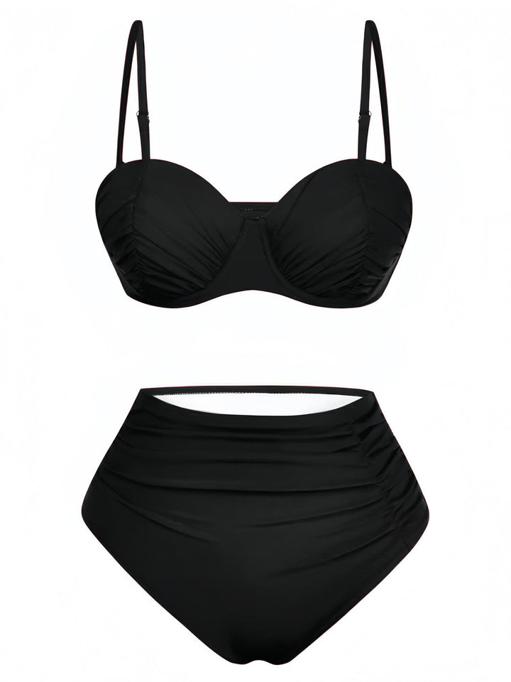 1940s Solid High-Waisted Ruched Bikini Set - vintage fashion, retro style