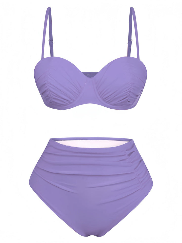 1940s Solid High-Waisted Ruched Bikini Set - vintage fashion, retro style