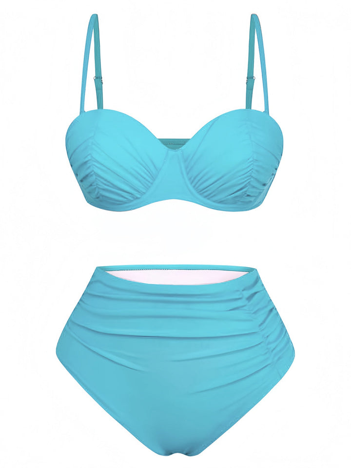 1940s Solid High-Waisted Ruched Bikini Set - vintage fashion, retro style