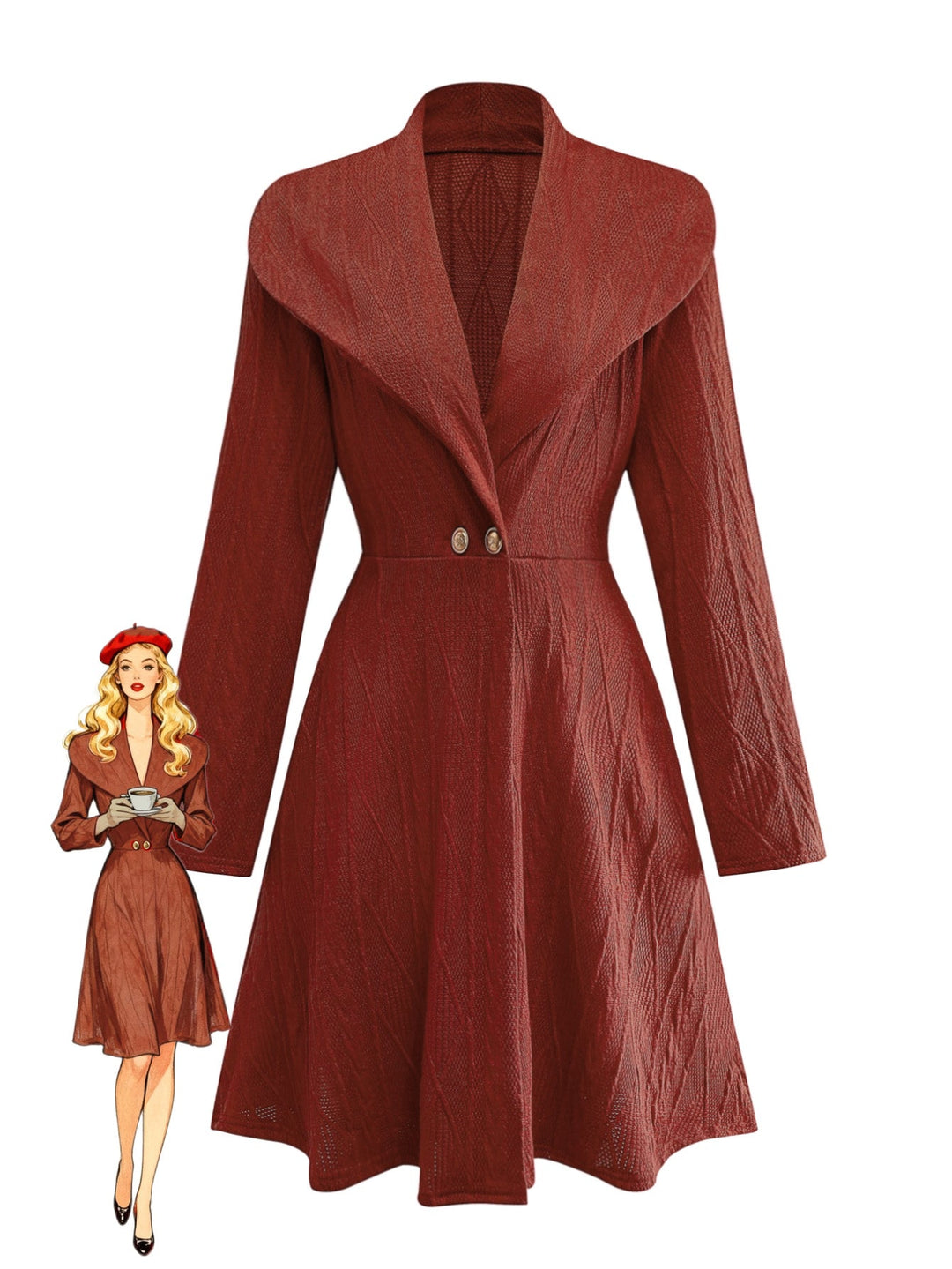 1940s Solid Knitted Big V-Neck Button Dress - vintage dress, retro fashion