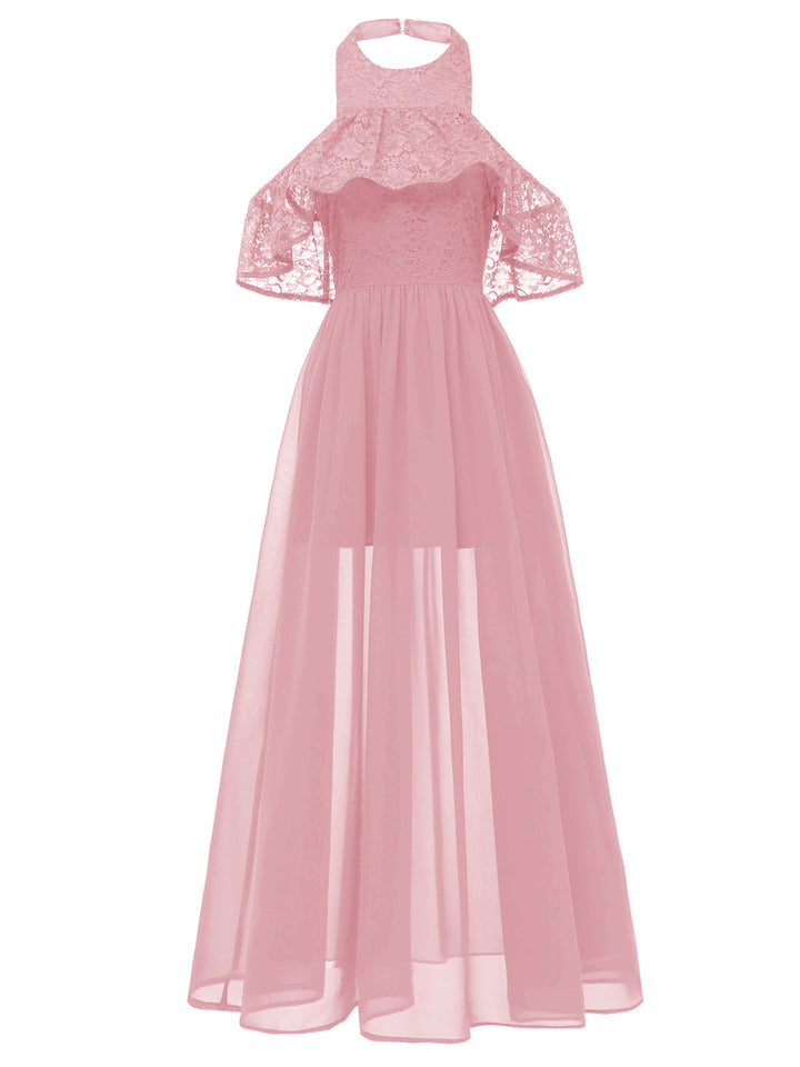 She slips into this 1940s Solid Lace Cold-Shoulder Long Dress and suddenly it&