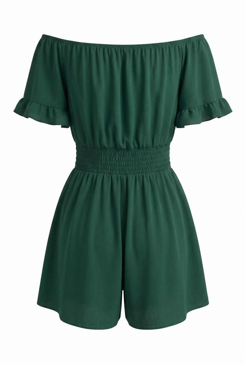 1940s Solid Off Shoulder Ruffle Sleeve Smocked Waist Romper, vintage romper, retro jumpsuit - perfect for women who love vintage and retro fashion