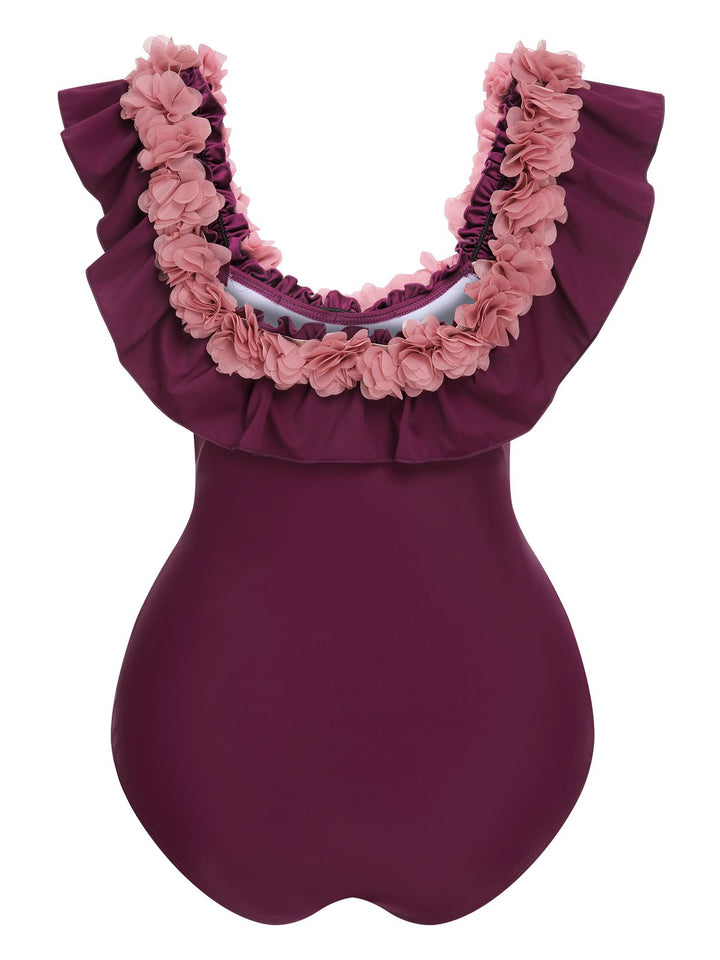1940s Solid Petal Patchwork One Shoulder Swimsuit, vintage swimsuit, pin-up swimwear - perfect for women who love vintage and retro fashion