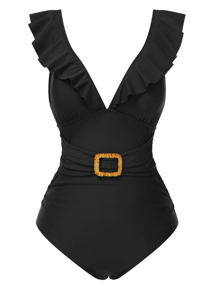 1940s Solid Ruffle Collar Lace-Up Swimsuit — 1940s poolside glamour meets sun-drenched confidence