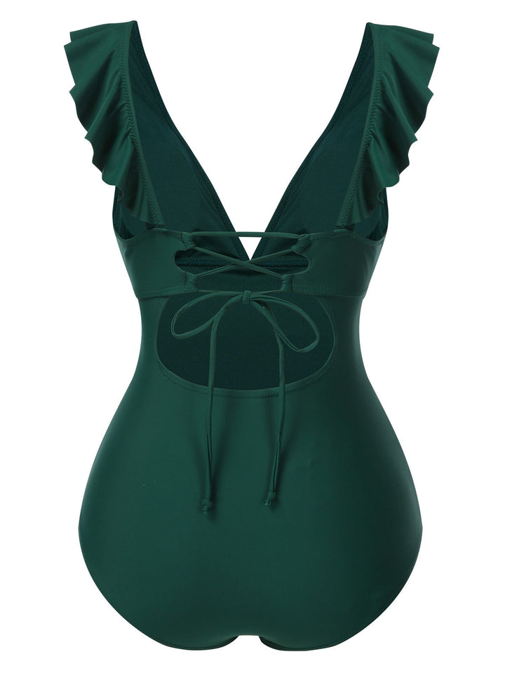 1940s Solid Ruffle Collar LaceUp | 1940s | vintage swimsuit, retro beachwear